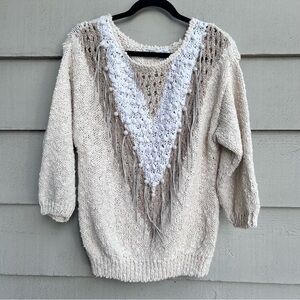 Vintage TJW Mervyn's Crochet Knit Fringe Sweater Cream 80s 90s Size Large